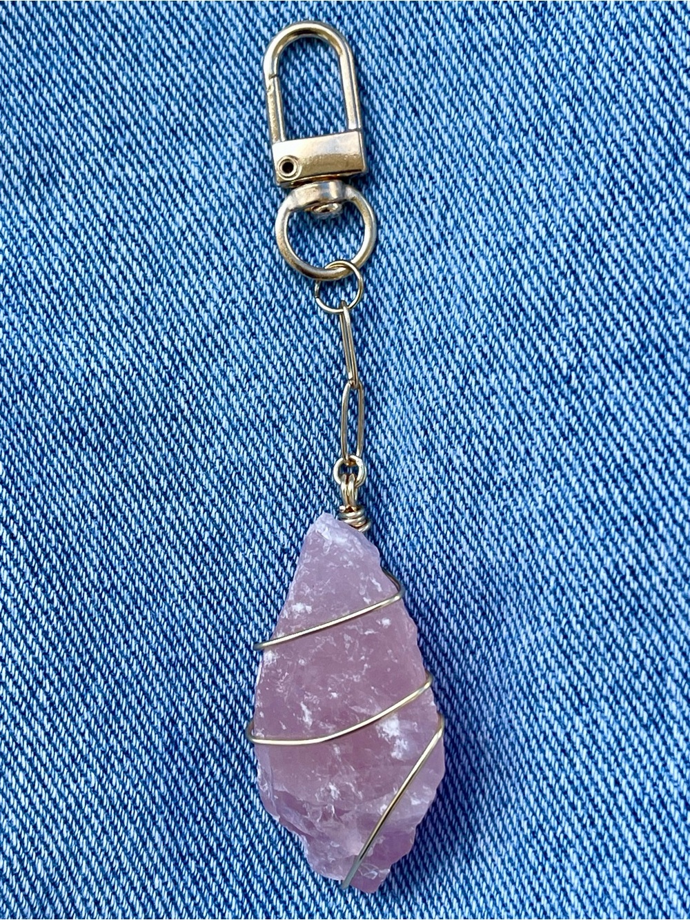 Raw Rose Quartz Gold Wire-Wrap Bag Charm